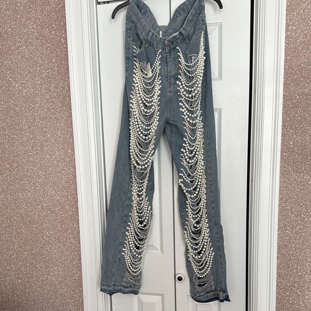 New Embellished Denim Jeans with Pearl Accents
